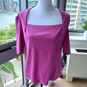 Lafayette 148 Pink stretch cotton three quarter sleeve square neck shirt size L